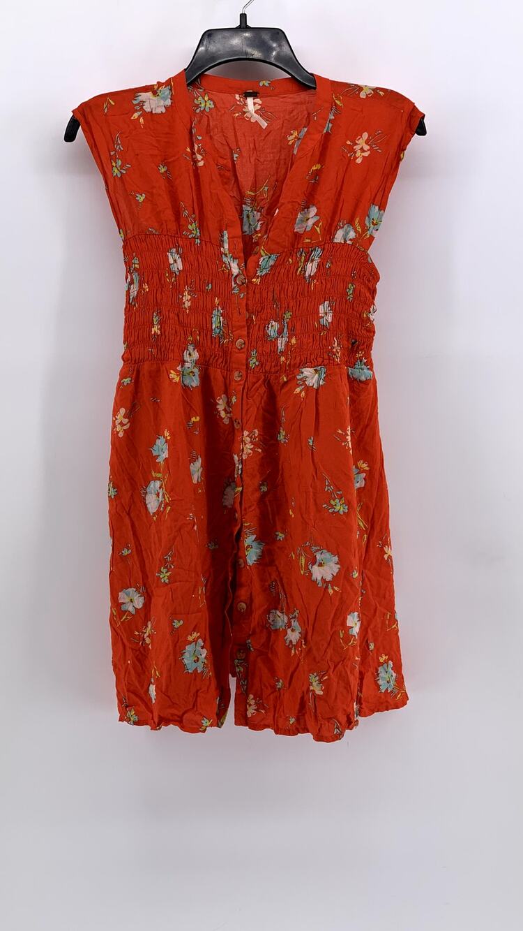 FREE PEOPLE Women's Red Orange Floral V-Neck Short Sleeve Smocked Dress SZ XS